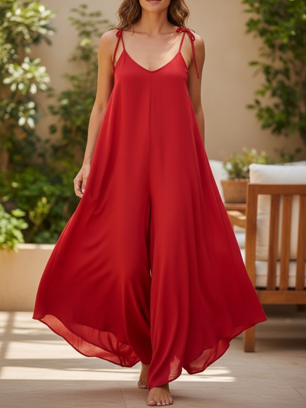 [M-Based Measurements]Ivy Street Red Tie-Strap Wide-Leg Jumpsuit
